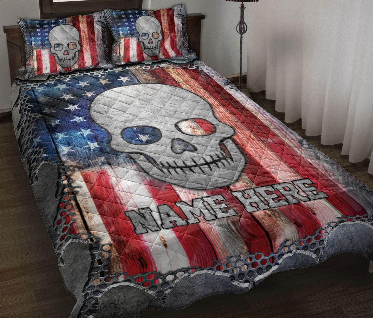 Ohaprints-Quilt-Bed-Set-Pillowcase-Skull-American-Flag-Crack-Metal-Unique-Gift-Custom-Personalized-Name-Blanket-Bedspread-Bedding-3685-Throw (55'' x 60'')