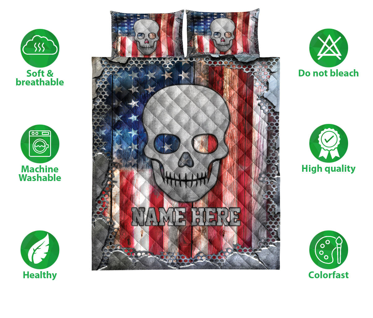 Ohaprints-Quilt-Bed-Set-Pillowcase-Skull-American-Flag-Crack-Metal-Unique-Gift-Custom-Personalized-Name-Blanket-Bedspread-Bedding-3685-Double (70'' x 80'')