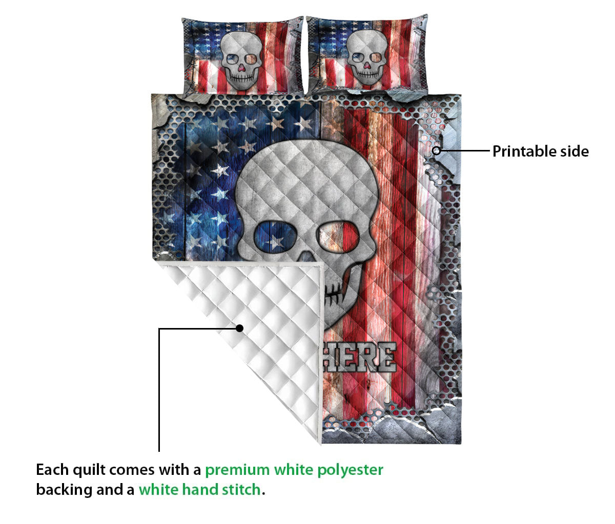 Ohaprints-Quilt-Bed-Set-Pillowcase-Skull-American-Flag-Crack-Metal-Unique-Gift-Custom-Personalized-Name-Blanket-Bedspread-Bedding-3685-Queen (80'' x 90'')