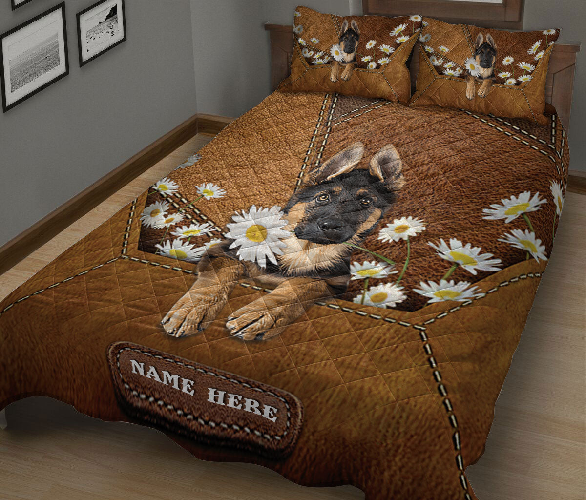 Ohaprints-Quilt-Bed-Set-Pillowcase-German-Shepherd-Puppy-Dog-Daisy-Flower-Custom-Personalized-Name-Blanket-Bedspread-Bedding-1783-King (90'' x 100'')