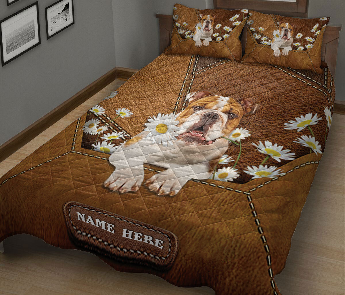 Ohaprints-Quilt-Bed-Set-Pillowcase-English-Bulldog-Dog-Bulldog-Puppy-Daisy-Flower-Custom-Personalized-Name-Blanket-Bedspread-Bedding-2038-King (90'' x 100'')