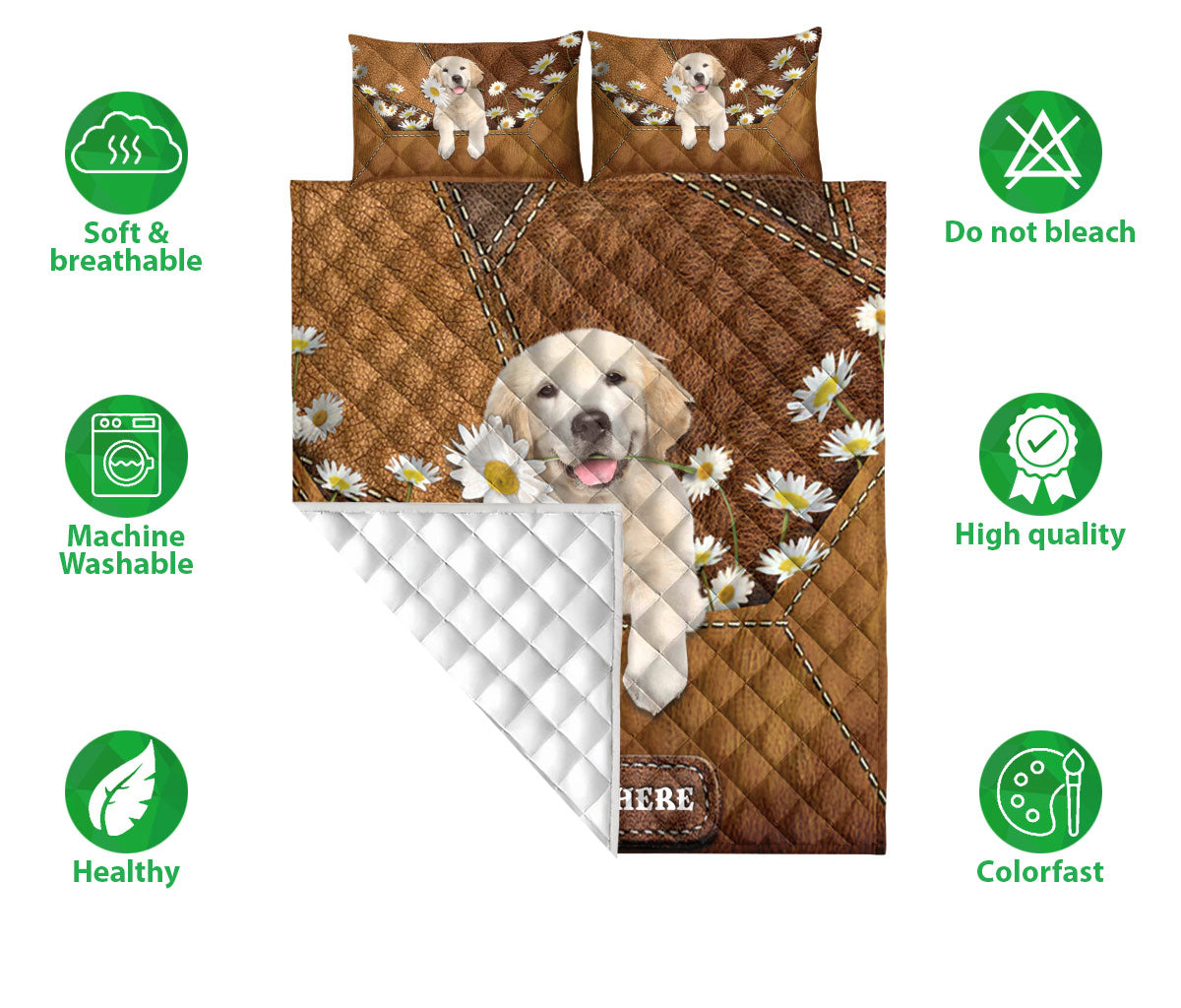 Ohaprints-Quilt-Bed-Set-Pillowcase-Golden-Retriever-Labrador-Retriever-Daisy-Flower-Custom-Personalized-Name-Blanket-Bedspread-Bedding-1907-Double (70'' x 80'')