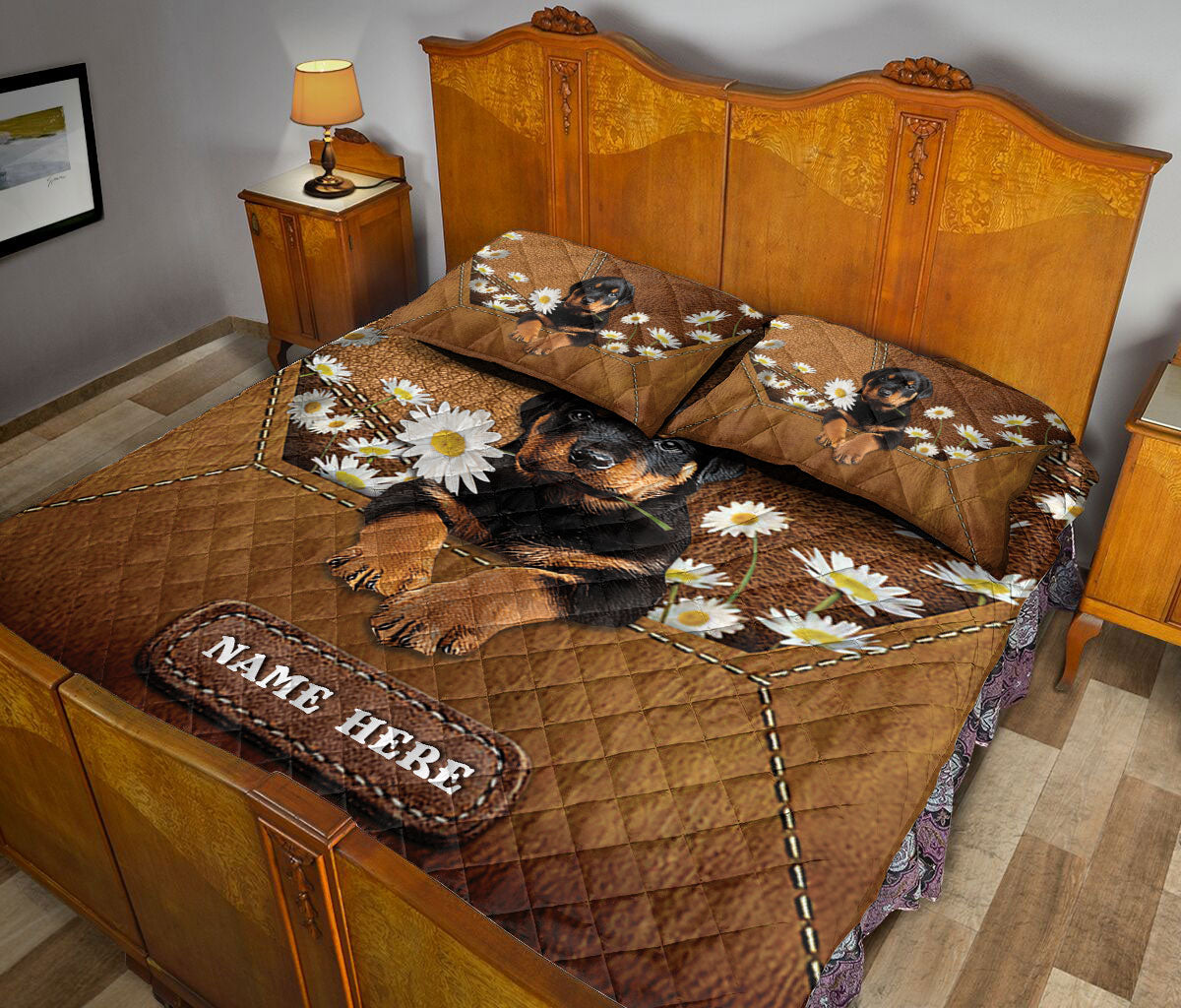 Ohaprints-Quilt-Bed-Set-Pillowcase-Rottweiler-Puppy-Rottweiler-Puppies-Dog-Daisy-Flower-Custom-Personalized-Name-Blanket-Bedspread-Bedding-873-Queen (80'' x 90'')