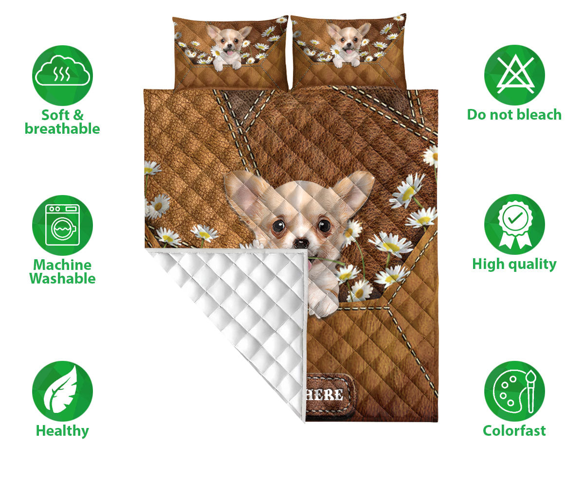 Ohaprints-Quilt-Bed-Set-Pillowcase-Chihuahua-Puppy-Dog-Daisy-Flower-Custom-Personalized-Name-Blanket-Bedspread-Bedding-1453-Double (70'' x 80'')