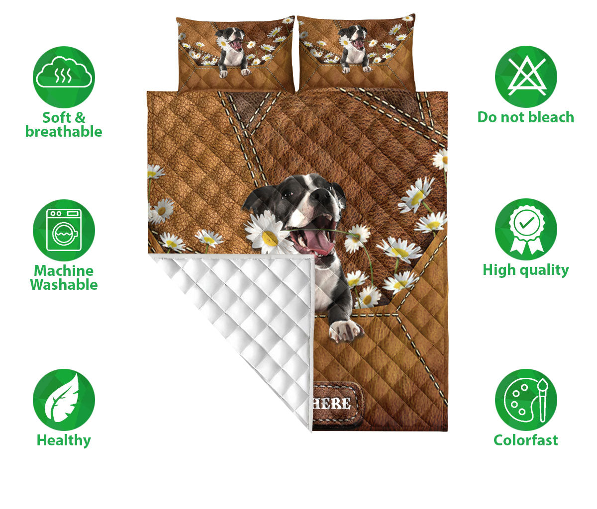 Ohaprints-Quilt-Bed-Set-Pillowcase-American-Staffordshire-Bull-Terrier-Dog-Daisy-Flower-Custom-Personalized-Name-Blanket-Bedspread-Bedding-2039-Double (70'' x 80'')