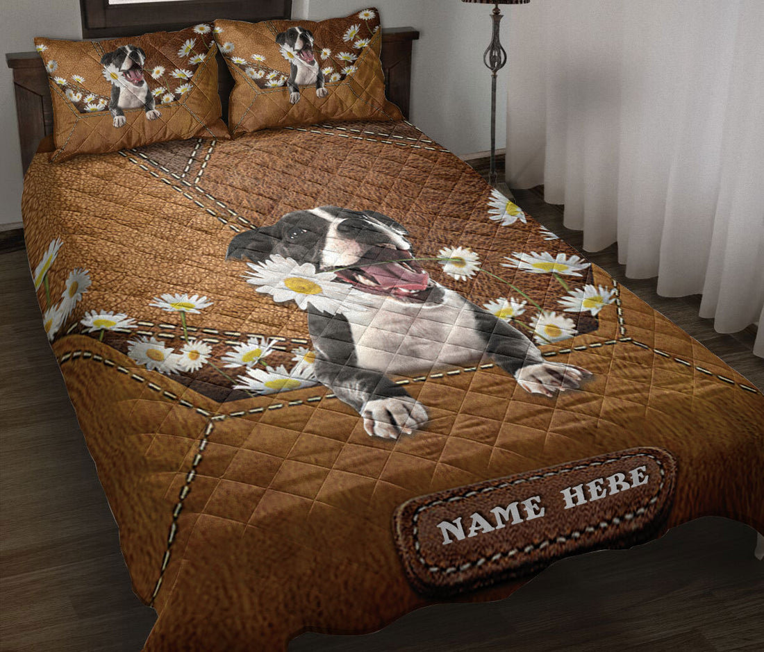 Ohaprints-Quilt-Bed-Set-Pillowcase-American-Staffordshire-Bull-Terrier-Dog-Daisy-Flower-Custom-Personalized-Name-Blanket-Bedspread-Bedding-2039-Throw (55'' x 60'')