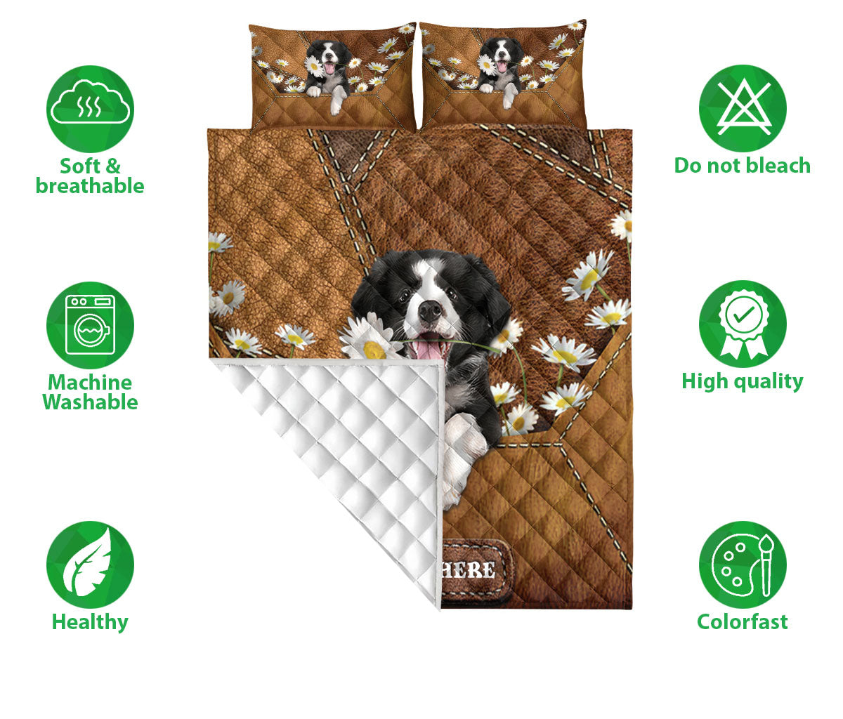 Ohaprints-Quilt-Bed-Set-Pillowcase-Border-Collie-Puppy-Dog-Daisy-Flower-Custom-Personalized-Name-Blanket-Bedspread-Bedding-2633-Double (70'' x 80'')