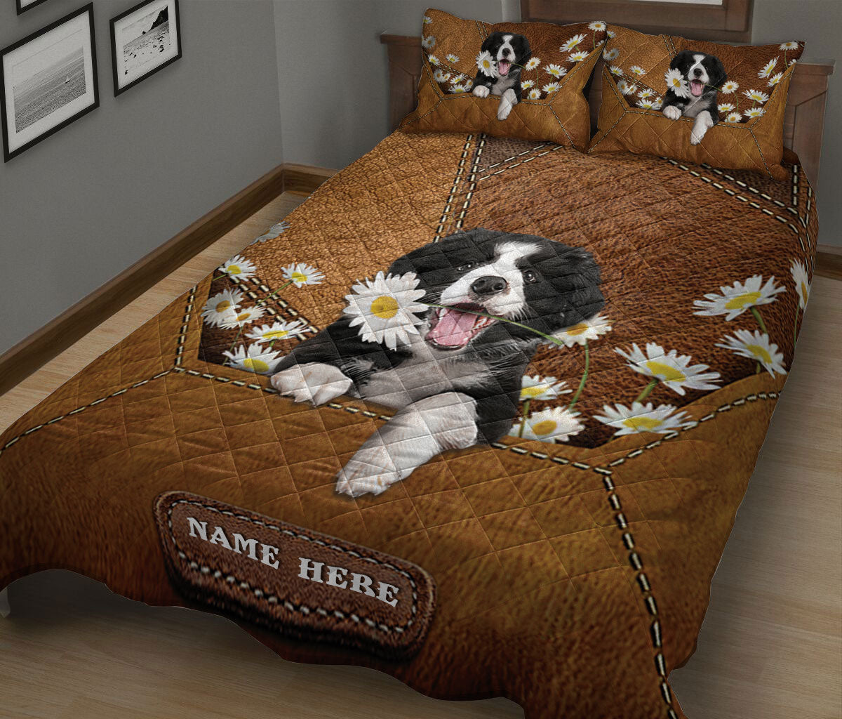 Ohaprints-Quilt-Bed-Set-Pillowcase-Border-Collie-Puppy-Dog-Daisy-Flower-Custom-Personalized-Name-Blanket-Bedspread-Bedding-2633-King (90'' x 100'')