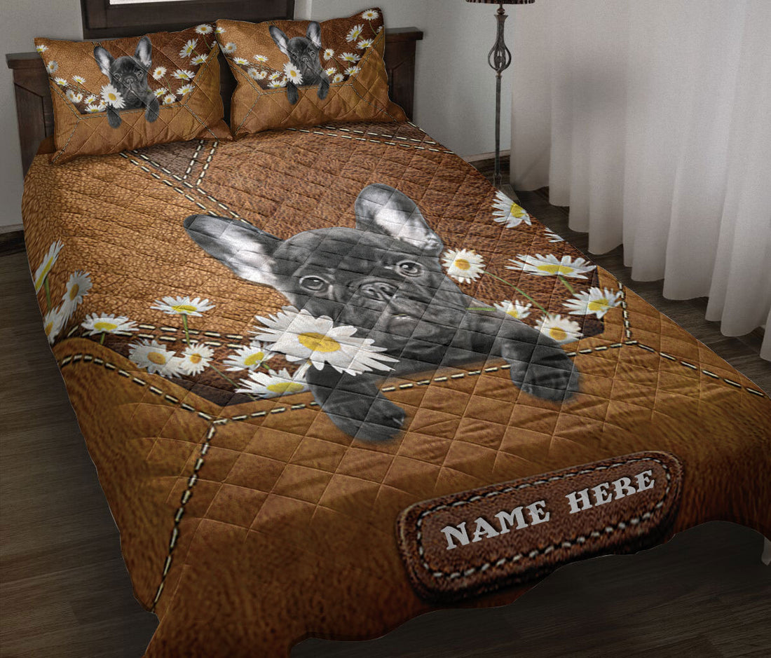 Ohaprints-Quilt-Bed-Set-Pillowcase-Black-French-Bulldog-Puppy-Daisy-Flower-Custom-Personalized-Name-Blanket-Bedspread-Bedding-283-Throw (55'' x 60'')