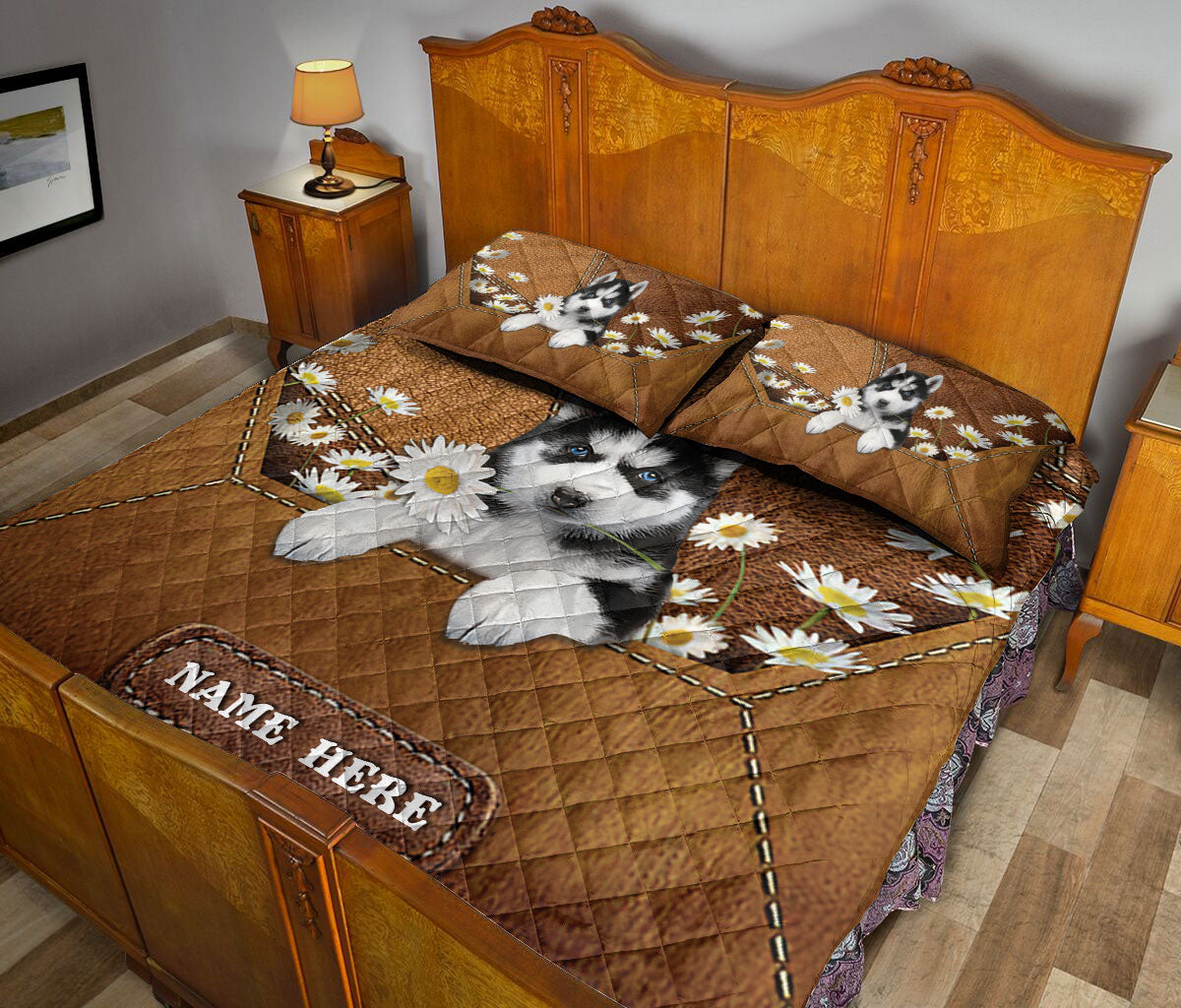Ohaprints-Quilt-Bed-Set-Pillowcase-Siberian-Husky-Puppies-Dog-Daisy-Floer-Custom-Personalized-Name-Blanket-Bedspread-Bedding-1454-Queen (80'' x 90'')
