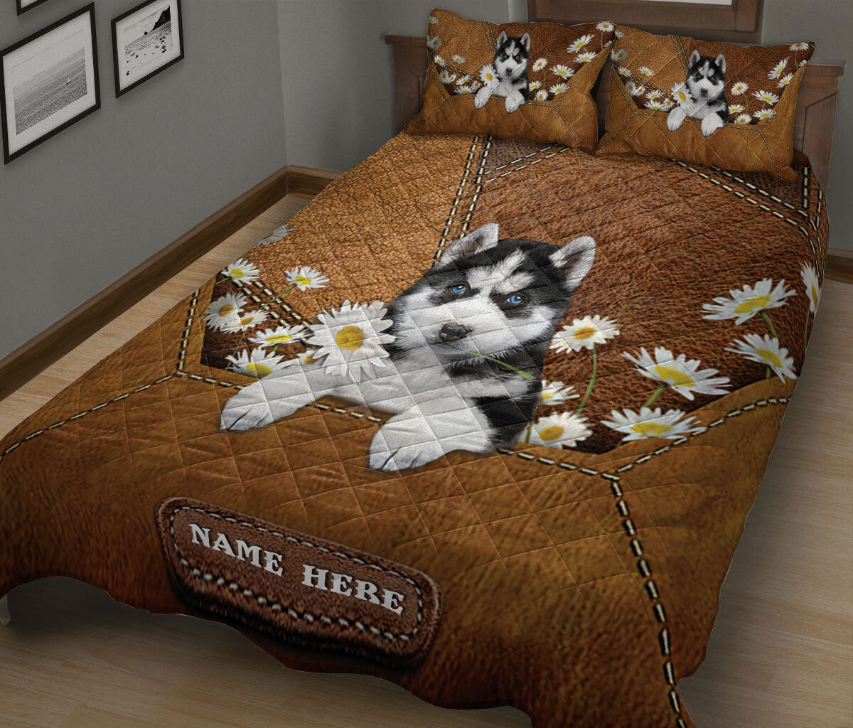 Ohaprints Quilt Bed Set Pillowcase Siberian Husky Puppies Dog Daisy