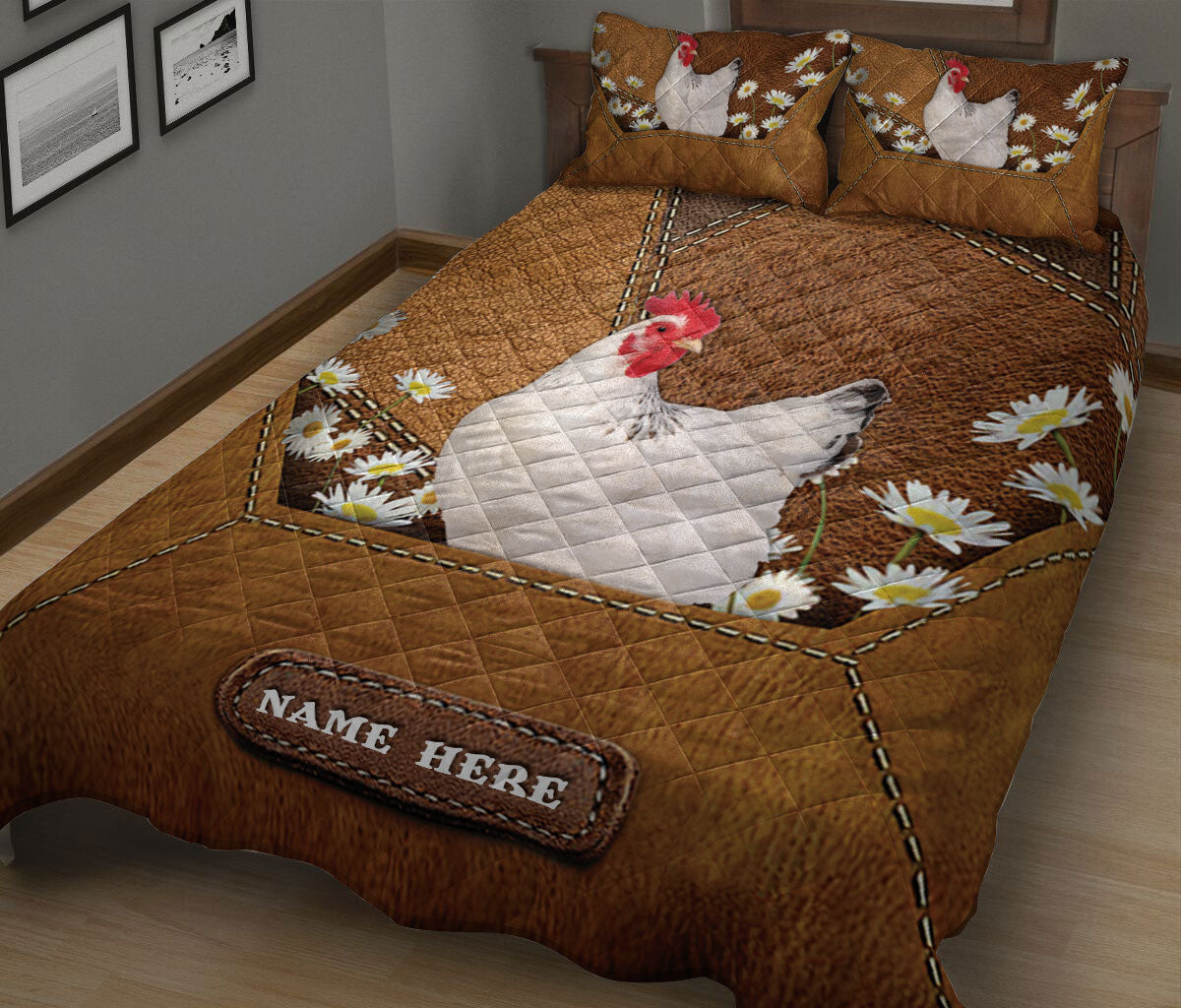 Ohaprints-Quilt-Bed-Set-Pillowcase-Chicken-With-Daisy-Flower-Custom-Personalized-Name-Blanket-Bedspread-Bedding-1198-King (90'' x 100'')