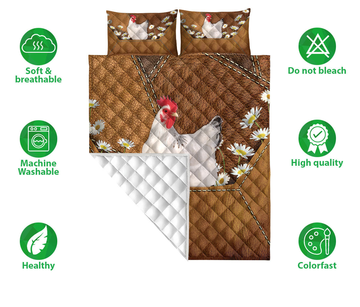 Ohaprints-Quilt-Bed-Set-Pillowcase-Chicken-With-Daisy-Flower-Blanket-Bedspread-Bedding-1455-Double (70'' x 80'')