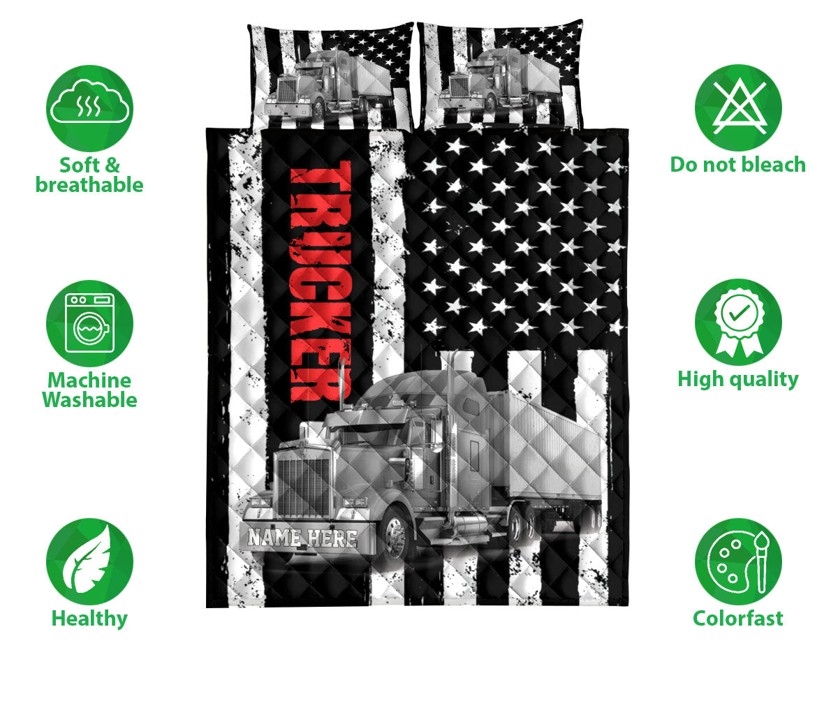 Ohaprints-Quilt-Bed-Set-Pillowcase-Truck-Trucker-Truck-Driver-American-Flag-Custom-Personalized-Name-Blanket-Bedspread-Bedding-3504-Double (70'' x 80'')