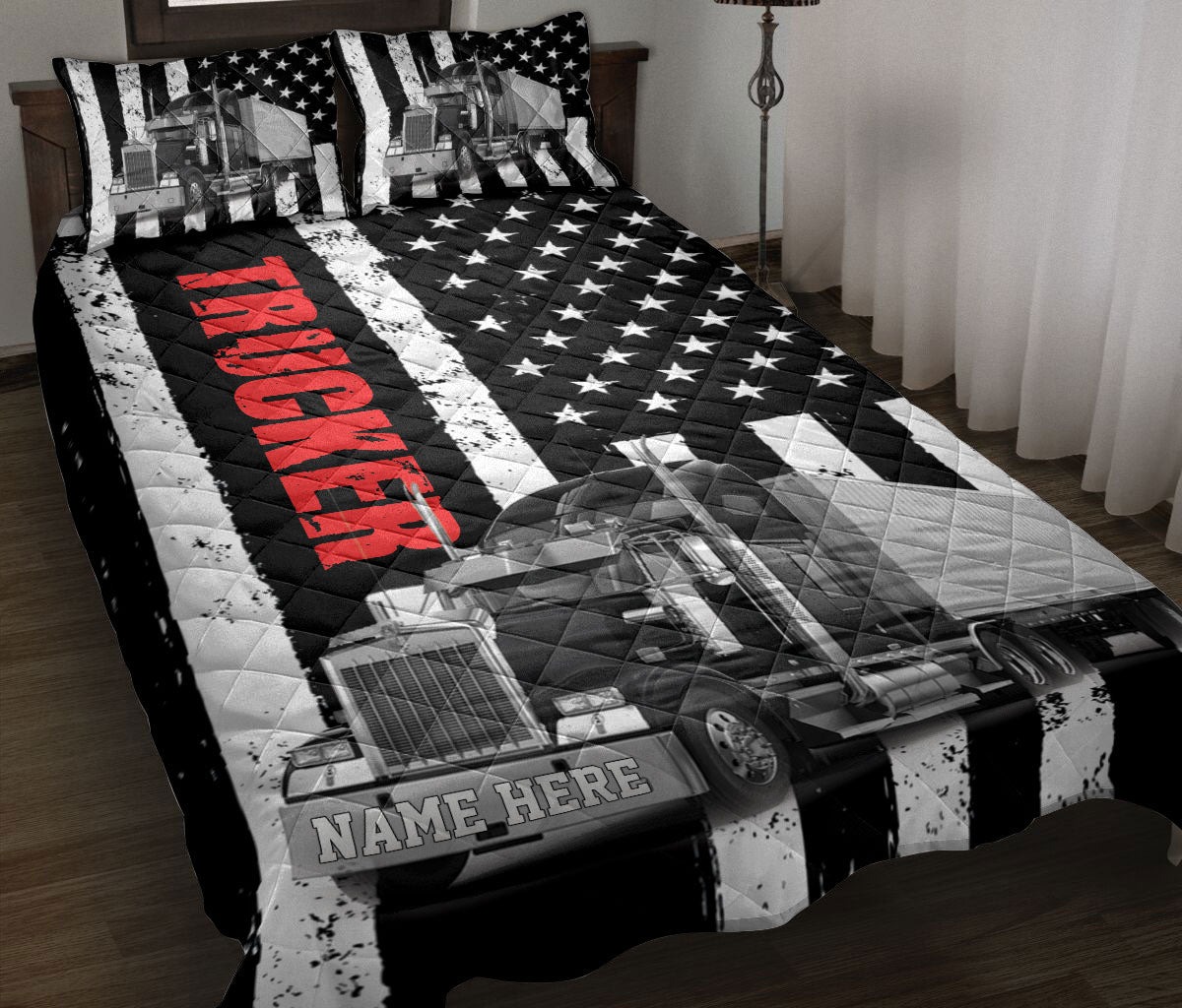 Ohaprints-Quilt-Bed-Set-Pillowcase-Black-Truck-Trucker-Driver-American-Flag-Custom-Personalized-Name-Blanket-Bedspread-Bedding-3505-Throw (55'' x 60'')