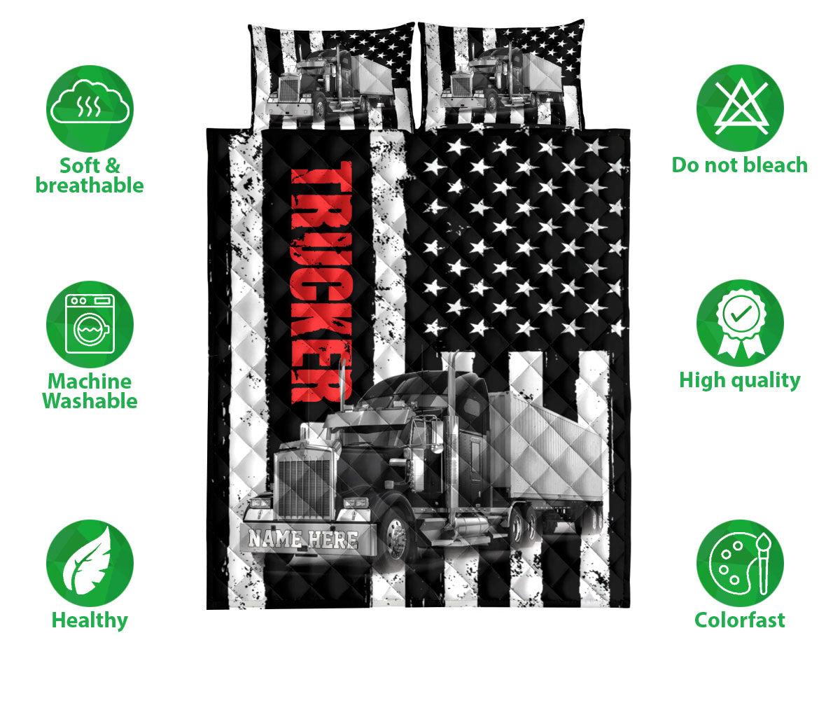 Ohaprints-Quilt-Bed-Set-Pillowcase-Black-Truck-Trucker-Driver-American-Flag-Custom-Personalized-Name-Blanket-Bedspread-Bedding-3505-Double (70'' x 80'')