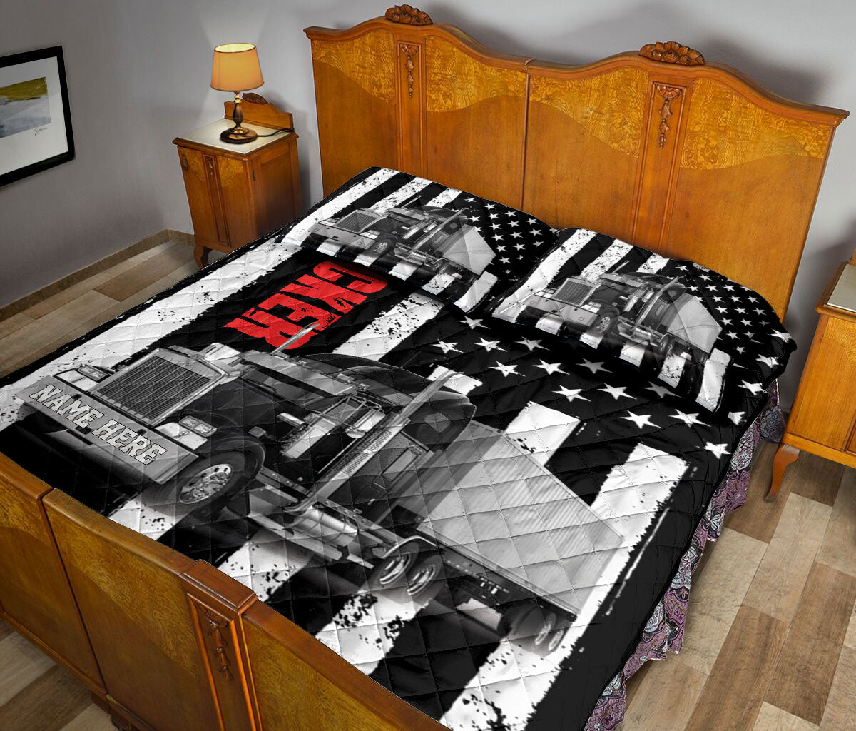 Ohaprints-Quilt-Bed-Set-Pillowcase-Black-Truck-Trucker-Driver-American-Flag-Custom-Personalized-Name-Blanket-Bedspread-Bedding-3505-King (90'' x 100'')