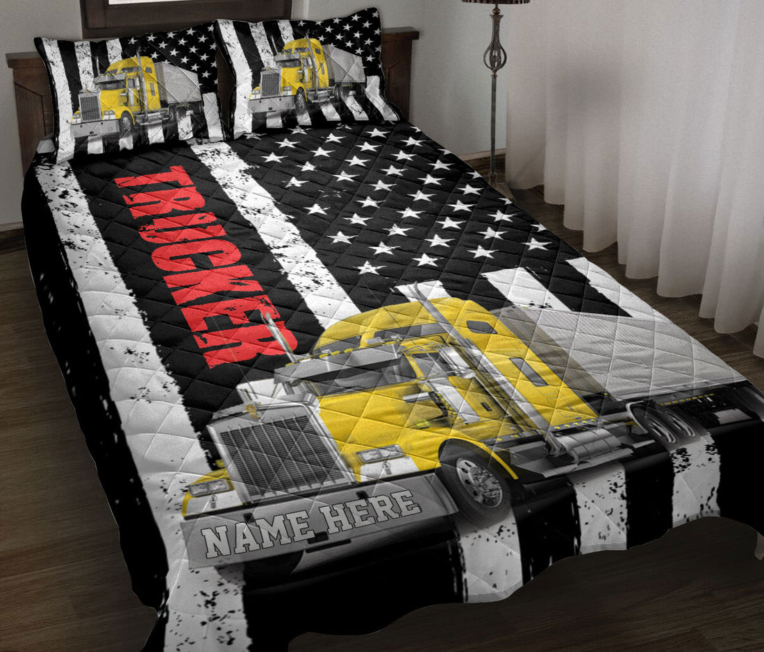 Ohaprints-Quilt-Bed-Set-Pillowcase-Yellow-Truck-Trucker-Driver-American-Flag-Custom-Personalized-Name-Blanket-Bedspread-Bedding-3506-Throw (55'' x 60'')