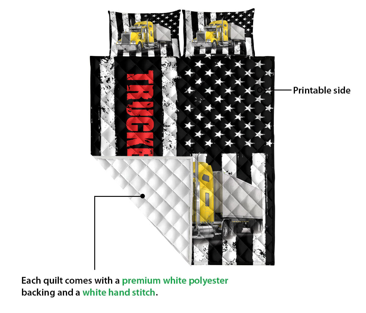 Ohaprints-Quilt-Bed-Set-Pillowcase-Yellow-Truck-Trucker-Driver-American-Flag-Custom-Personalized-Name-Blanket-Bedspread-Bedding-3506-Queen (80'' x 90'')