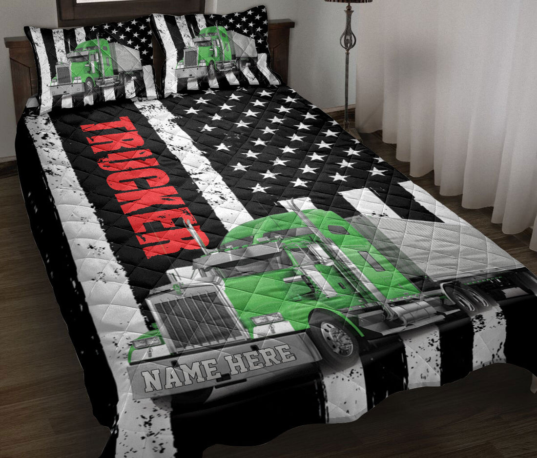 Ohaprints-Quilt-Bed-Set-Pillowcase-Green-Truck-Trucker-Driver-American-Flag-Custom-Personalized-Name-Blanket-Bedspread-Bedding-3507-Throw (55'' x 60'')