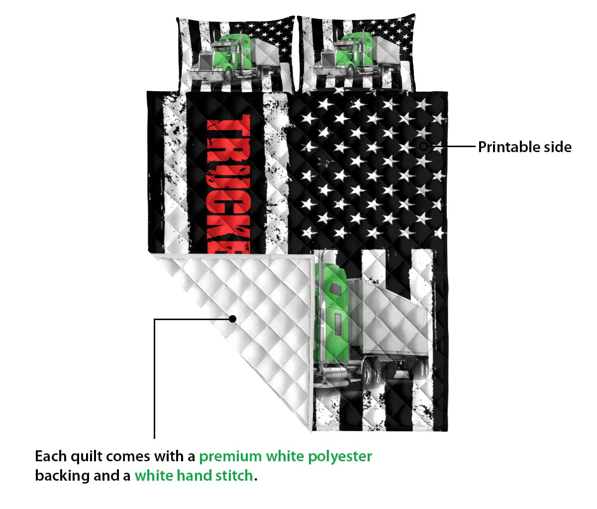 Ohaprints-Quilt-Bed-Set-Pillowcase-Green-Truck-Trucker-Driver-American-Flag-Custom-Personalized-Name-Blanket-Bedspread-Bedding-3507-Queen (80'' x 90'')