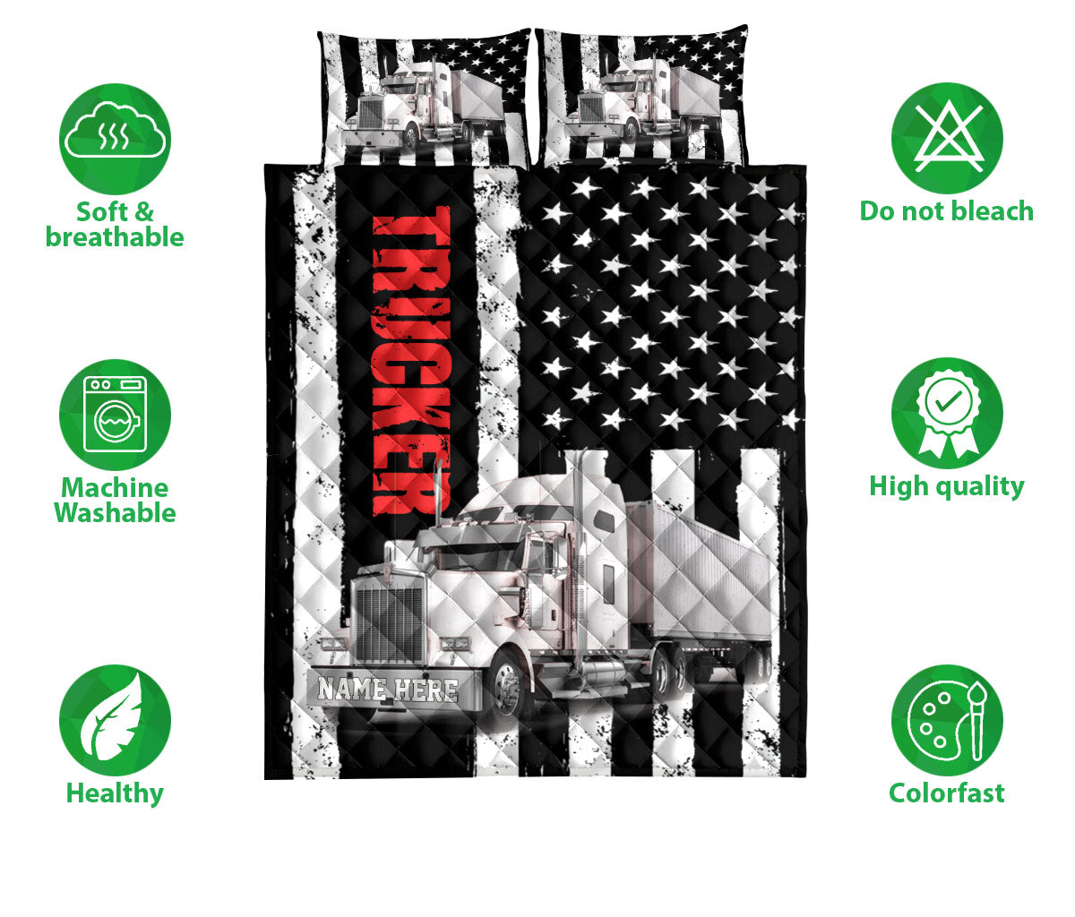 Ohaprints-Quilt-Bed-Set-Pillowcase-White-Truck-Trucker-Driver-American-Flag-Custom-Personalized-Name-Blanket-Bedspread-Bedding-3508-Double (70'' x 80'')