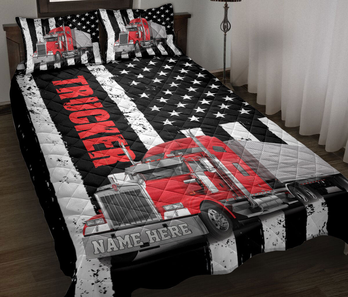 Ohaprints-Quilt-Bed-Set-Pillowcase-Red-Truck-Trucker-Driver-American-Flag-Custom-Personalized-Name-Blanket-Bedspread-Bedding-3511-Throw (55'' x 60'')