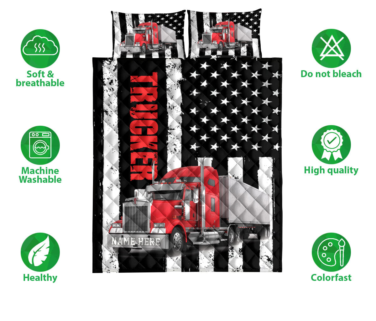 Ohaprints-Quilt-Bed-Set-Pillowcase-Red-Truck-Trucker-Driver-American-Flag-Custom-Personalized-Name-Blanket-Bedspread-Bedding-3511-Double (70'' x 80'')