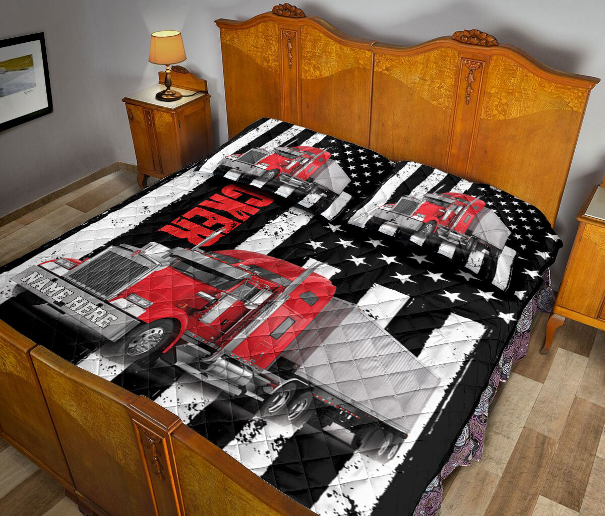 Ohaprints-Quilt-Bed-Set-Pillowcase-Red-Truck-Trucker-Driver-American-Flag-Custom-Personalized-Name-Blanket-Bedspread-Bedding-3511-King (90'' x 100'')