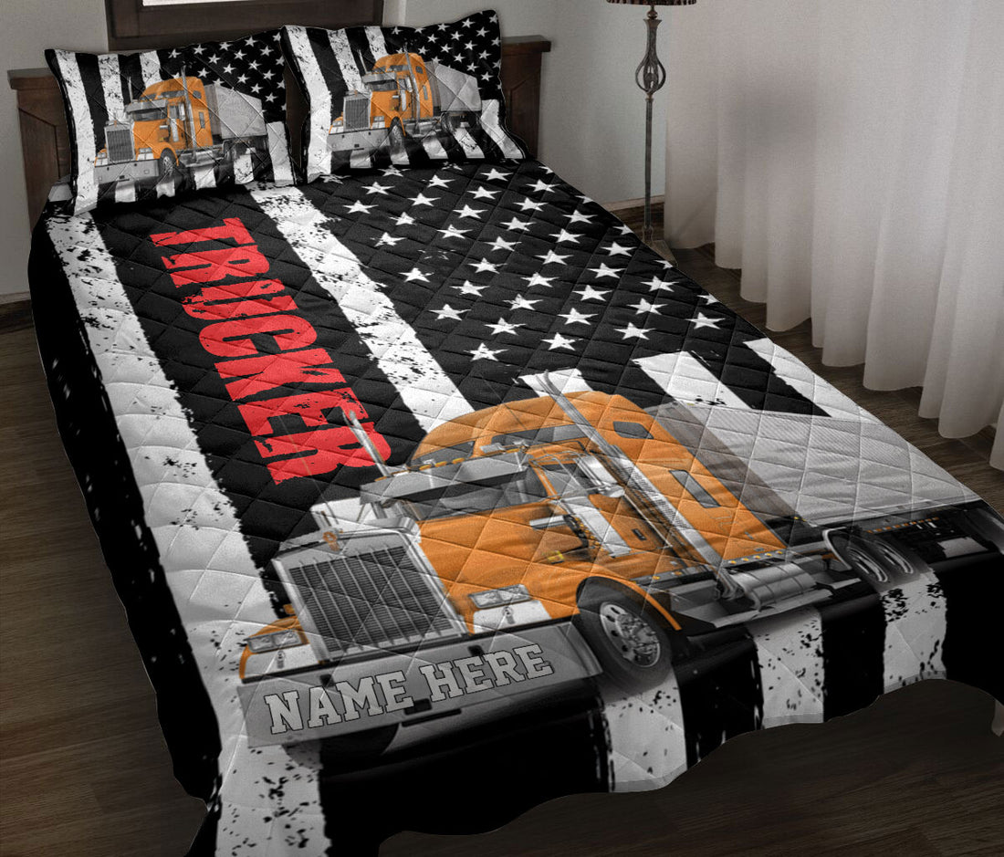 Ohaprints-Quilt-Bed-Set-Pillowcase-Orange-Truck-Trucker-Driver-American-Flag-Custom-Personalized-Name-Blanket-Bedspread-Bedding-3512-Throw (55'' x 60'')