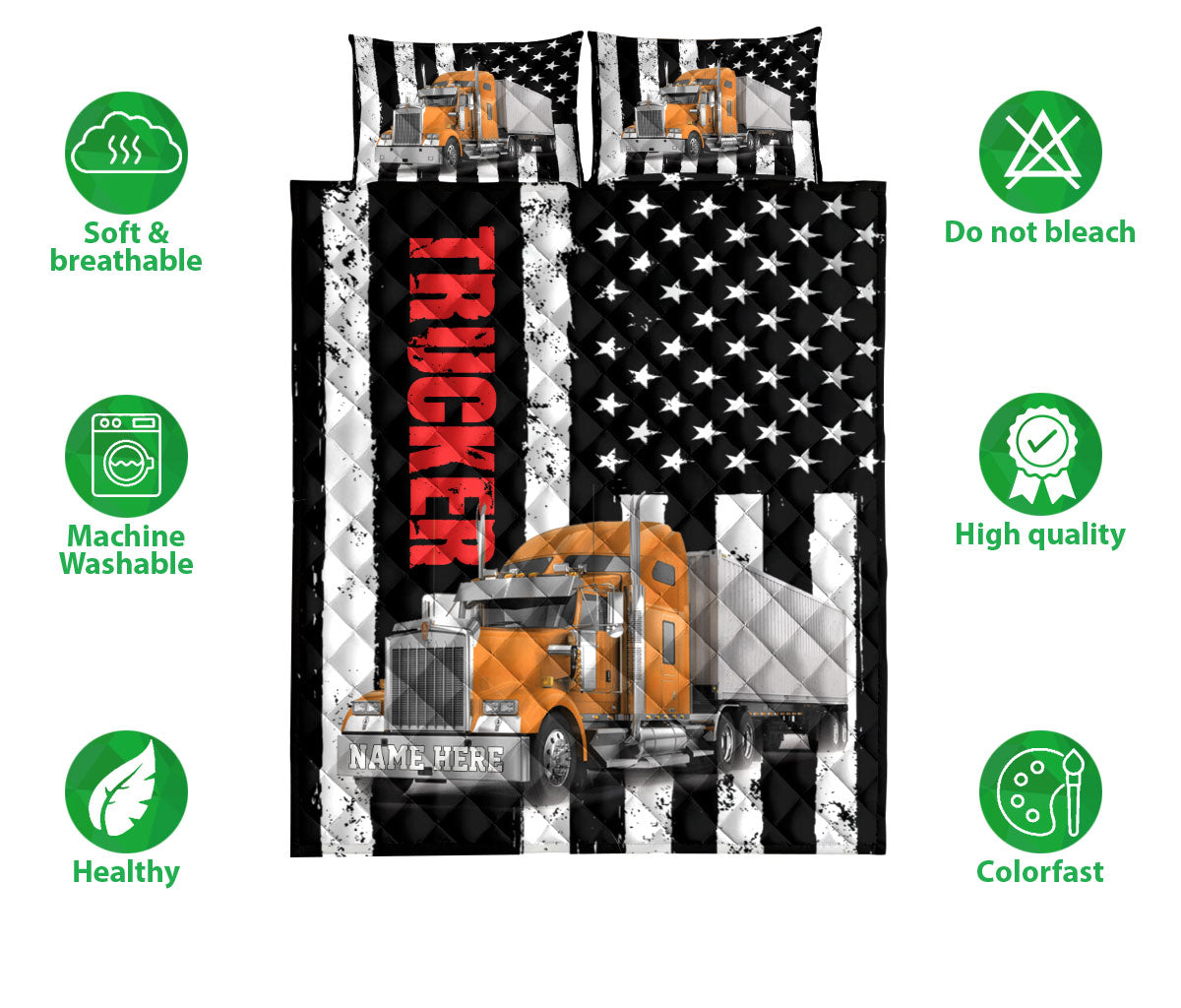 Ohaprints-Quilt-Bed-Set-Pillowcase-Orange-Truck-Trucker-Driver-American-Flag-Custom-Personalized-Name-Blanket-Bedspread-Bedding-3512-Double (70'' x 80'')