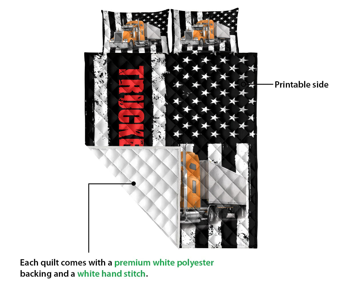 Ohaprints-Quilt-Bed-Set-Pillowcase-Orange-Truck-Trucker-Driver-American-Flag-Custom-Personalized-Name-Blanket-Bedspread-Bedding-3512-Queen (80'' x 90'')