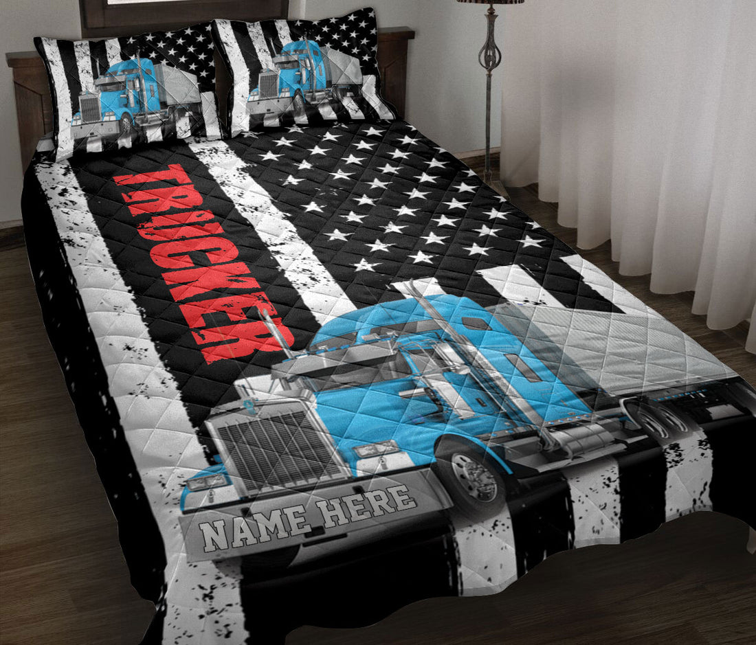 Ohaprints-Quilt-Bed-Set-Pillowcase-Blue-Royal-Truck-Trucker-Driver-Us-Flag-Custom-Personalized-Name-Blanket-Bedspread-Bedding-3513-Throw (55'' x 60'')