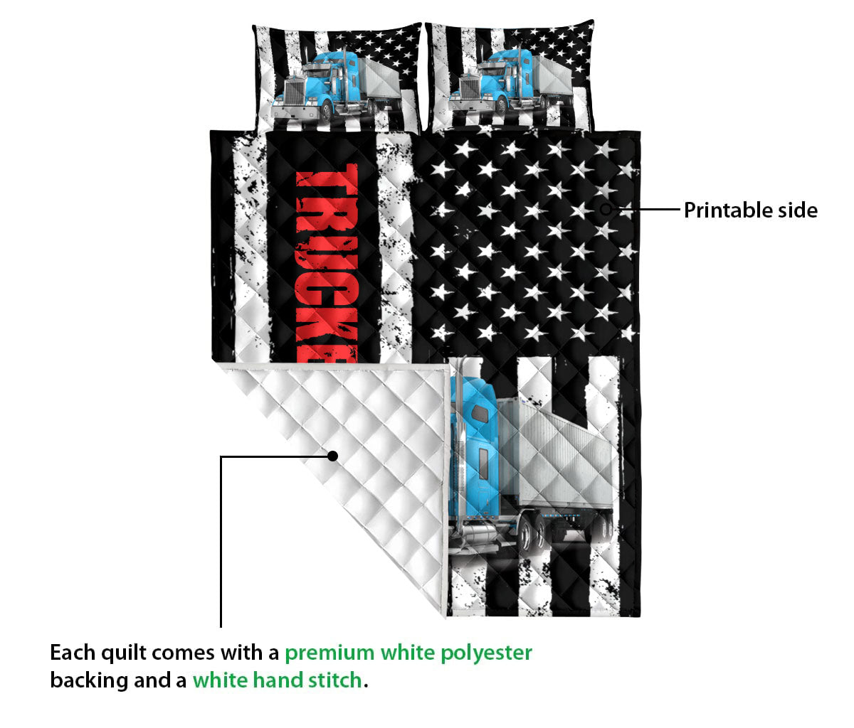 Ohaprints-Quilt-Bed-Set-Pillowcase-Blue-Royal-Truck-Trucker-Driver-Us-Flag-Custom-Personalized-Name-Blanket-Bedspread-Bedding-3513-Queen (80'' x 90'')