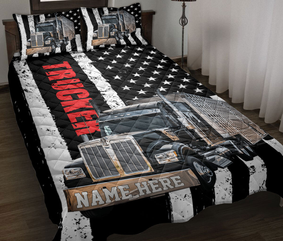 Ohaprints-Quilt-Bed-Set-Pillowcase-Black-Truck-Vintage-Trucker-Driver-Usa-Flag-Custom-Personalized-Name-Blanket-Bedspread-Bedding-3514-Throw (55'' x 60'')