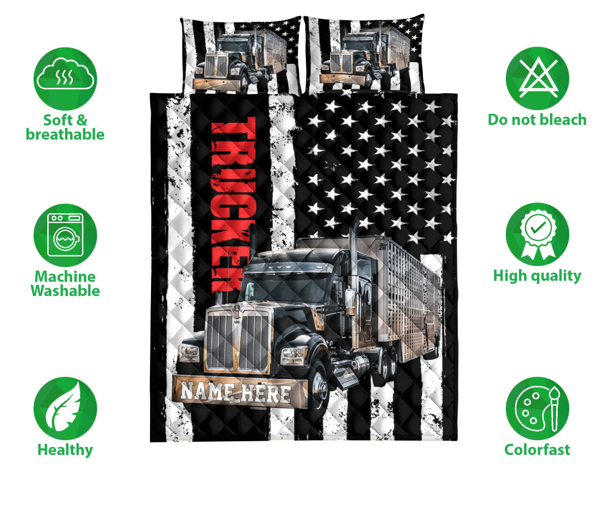 Ohaprints-Quilt-Bed-Set-Pillowcase-Black-Truck-Vintage-Trucker-Driver-Usa-Flag-Custom-Personalized-Name-Blanket-Bedspread-Bedding-3514-Double (70'' x 80'')