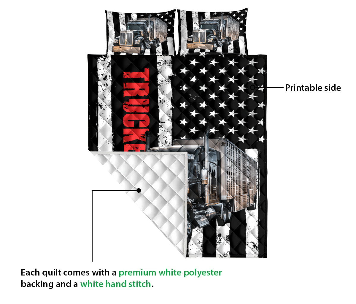 Ohaprints-Quilt-Bed-Set-Pillowcase-Black-Truck-Vintage-Trucker-Driver-Usa-Flag-Custom-Personalized-Name-Blanket-Bedspread-Bedding-3514-Queen (80'' x 90'')