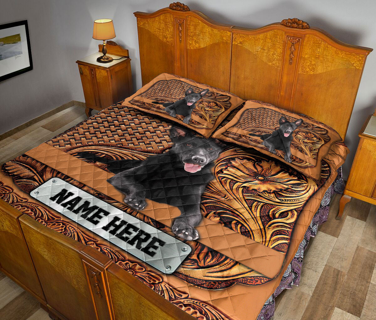 Ohaprints-Quilt-Bed-Set-Pillowcase-Black-German-Shepherd-Sculpture-Wood-Custom-Personalized-Name-Blanket-Bedspread-Bedding-3730-King (90'' x 100'')