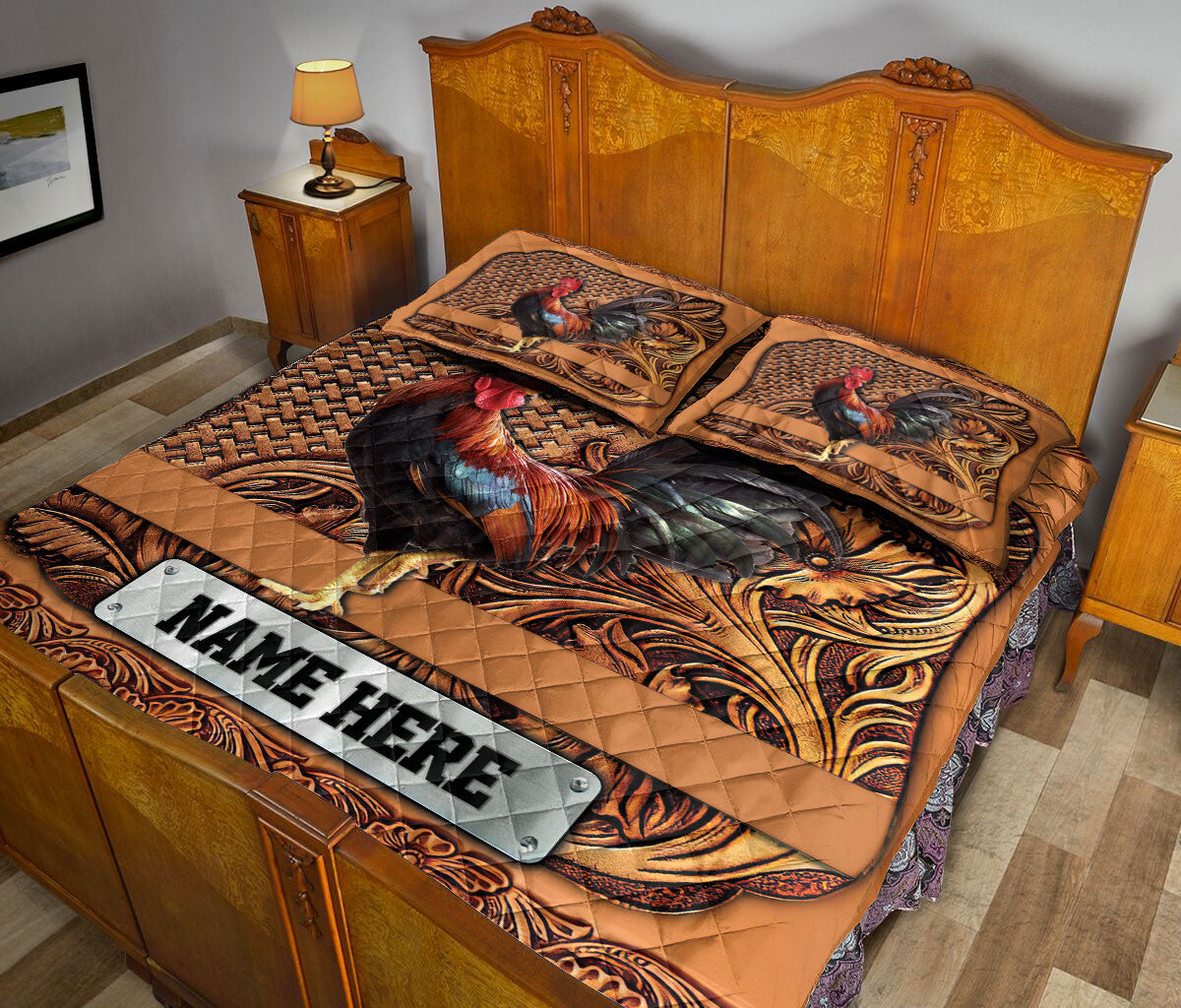 Ohaprints-Quilt-Bed-Set-Pillowcase-Chicken-Rooster-Sculpture-Wood-Pattern-Gift-Custom-Personalized-Name-Blanket-Bedspread-Bedding-3600-King (90'' x 100'')