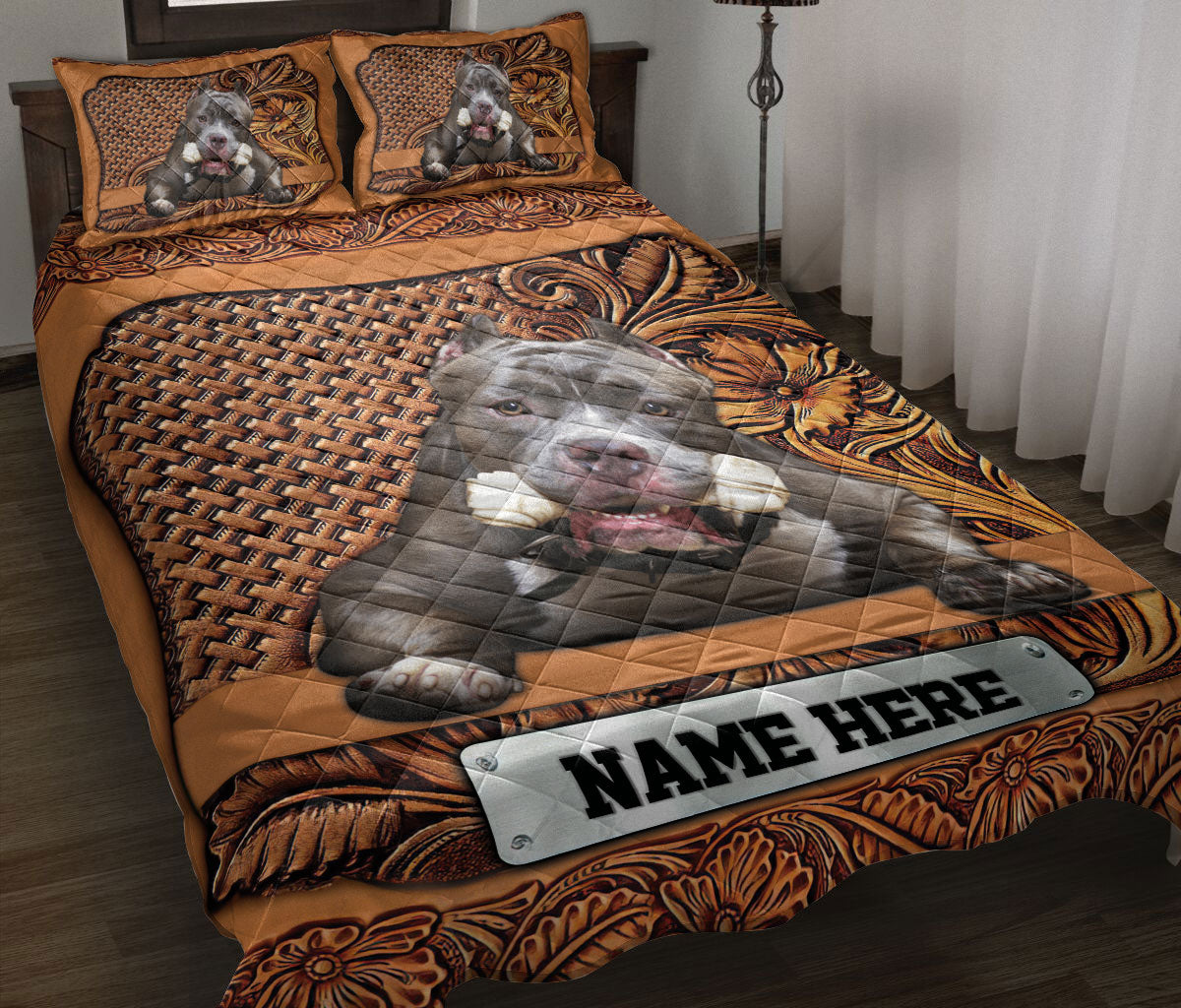 Ohaprints-Quilt-Bed-Set-Pillowcase-Pitbull-Dog-Sculpture-Wood-Pattern-Gift-Custom-Personalized-Name-Blanket-Bedspread-Bedding-3733-Throw (55'' x 60'')