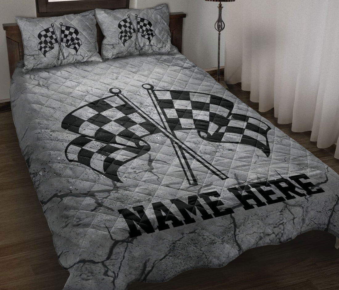 Ohaprints-Quilt-Bed-Set-Pillowcase-Racing-Checkered-Flag-Crack-Gray-Pattern-Custom-Personalized-Name-Blanket-Bedspread-Bedding-3350-Throw (55'' x 60'')