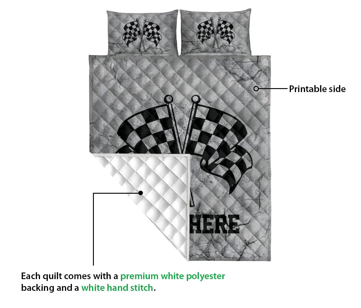 Ohaprints-Quilt-Bed-Set-Pillowcase-Racing-Checkered-Flag-Crack-Gray-Pattern-Custom-Personalized-Name-Blanket-Bedspread-Bedding-3350-Queen (80'' x 90'')