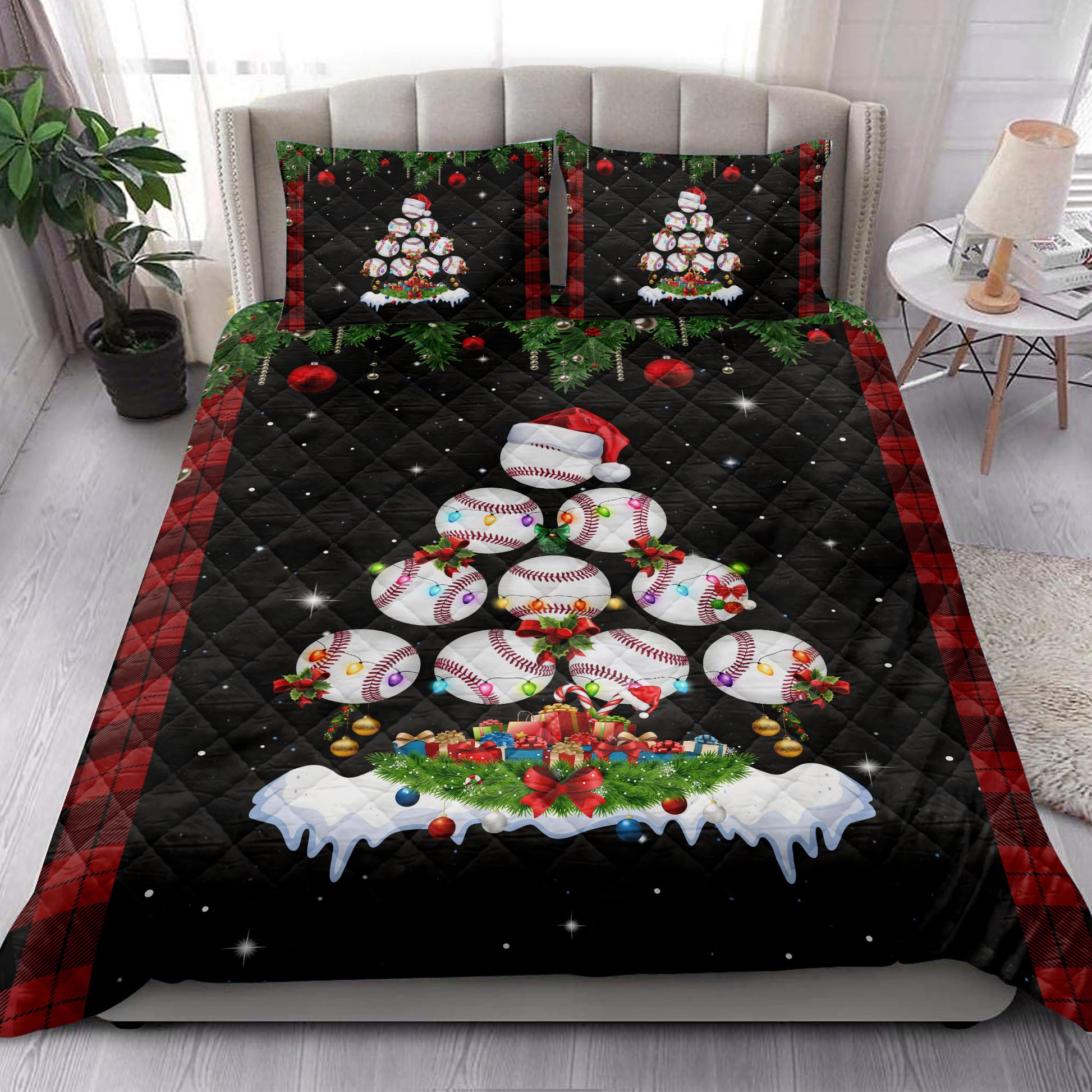 Ohaprints-Quilt-Bed-Set-Pillowcase-Baseball-Christmas-Tree-Snowflake-Gift-Box-Red-Buffalo-Plaid-Blanket-Bedspread-Bedding-3800-King (90'' x 100'')