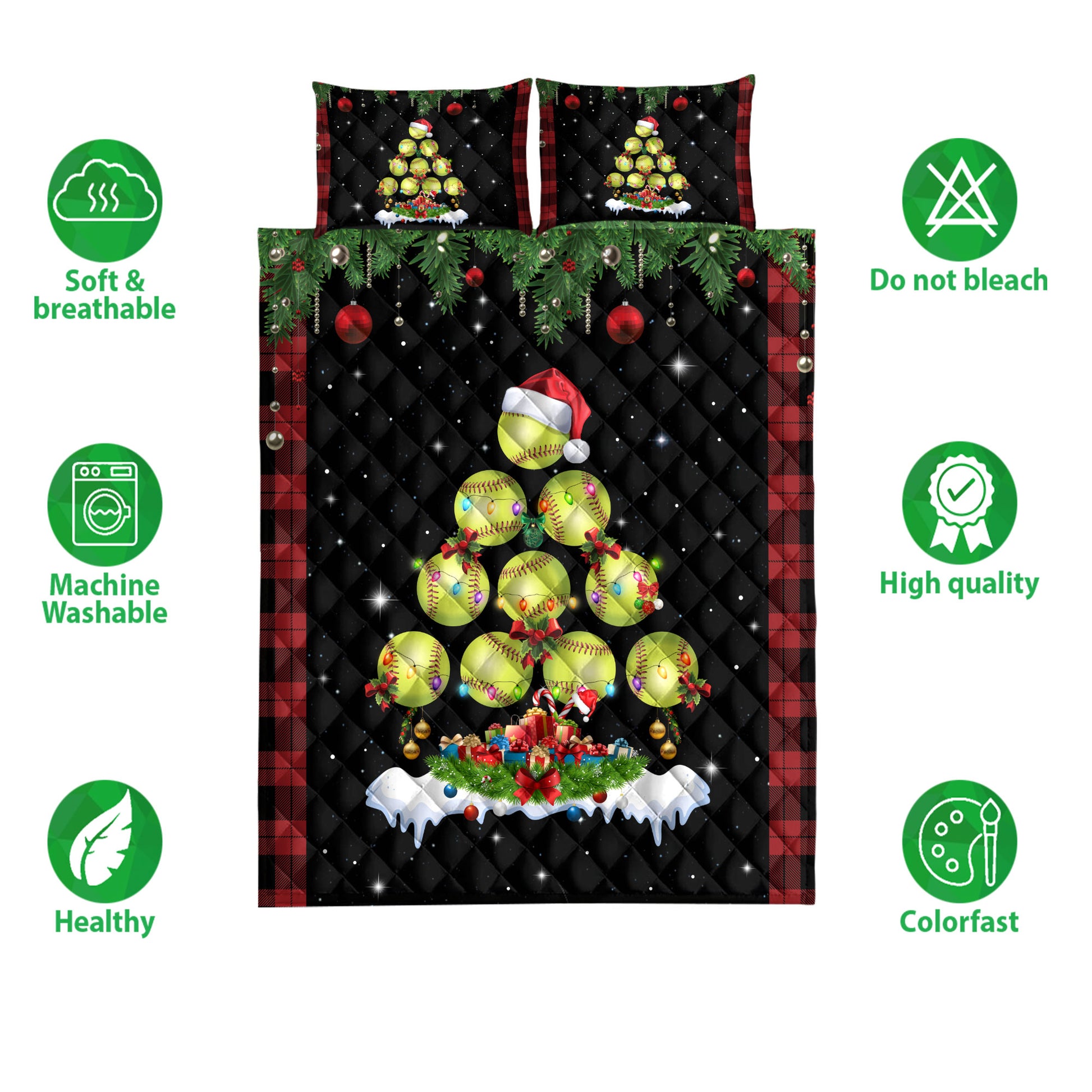 Ohaprints-Quilt-Bed-Set-Pillowcase-Softball-Christmas-Tree-Snowflake-Gift-Box-Red-Buffalo-Plaid-Gifts-Blanket-Bedspread-Bedding-3801-Double (70'' x 80'')