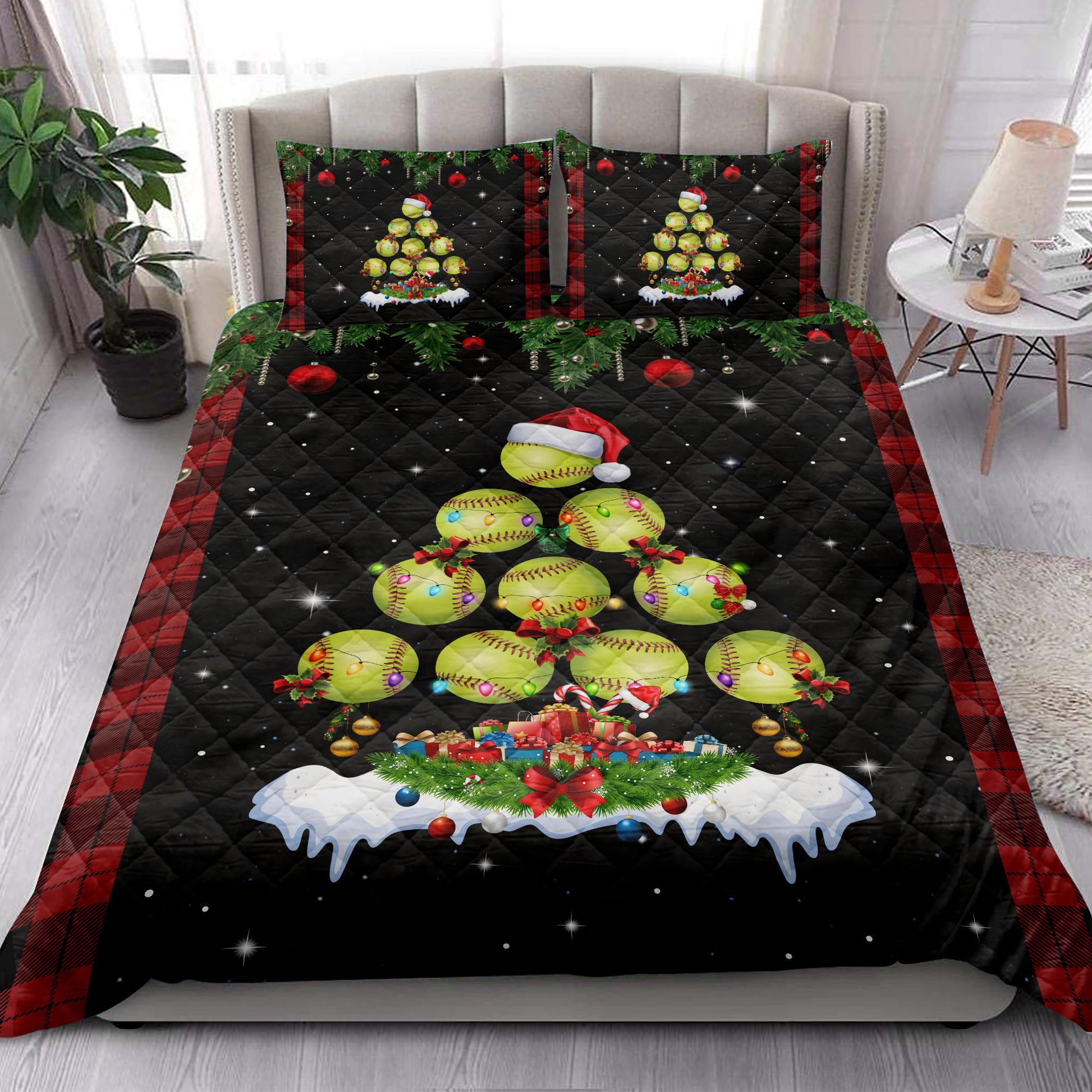 Ohaprints-Quilt-Bed-Set-Pillowcase-Softball-Christmas-Tree-Snowflake-Gift-Box-Red-Buffalo-Plaid-Gifts-Blanket-Bedspread-Bedding-3801-King (90'' x 100'')