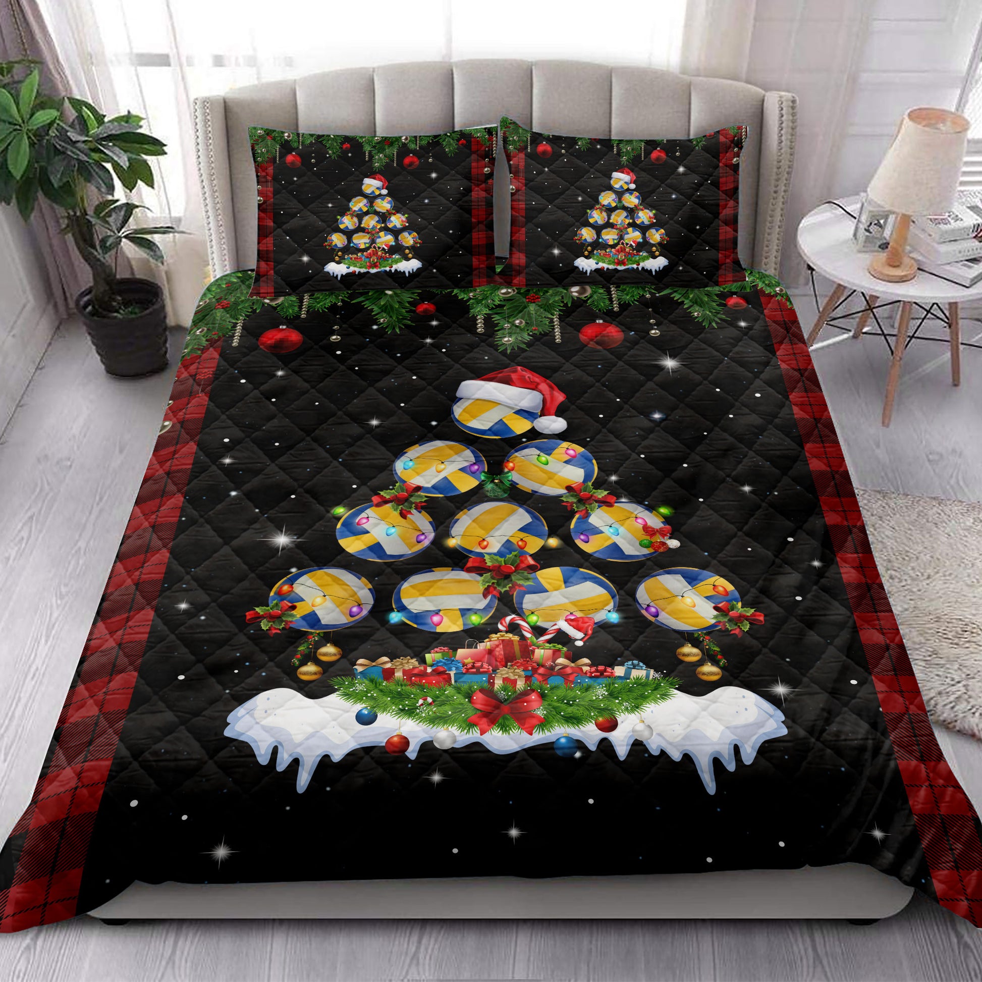 Ohaprints-Quilt-Bed-Set-Pillowcase-Volleyball-Christmas-Tree-Snowflake-Gift-Box-Red-Buffalo-Plaid-Gifts-Blanket-Bedspread-Bedding-3803-King (90'' x 100'')