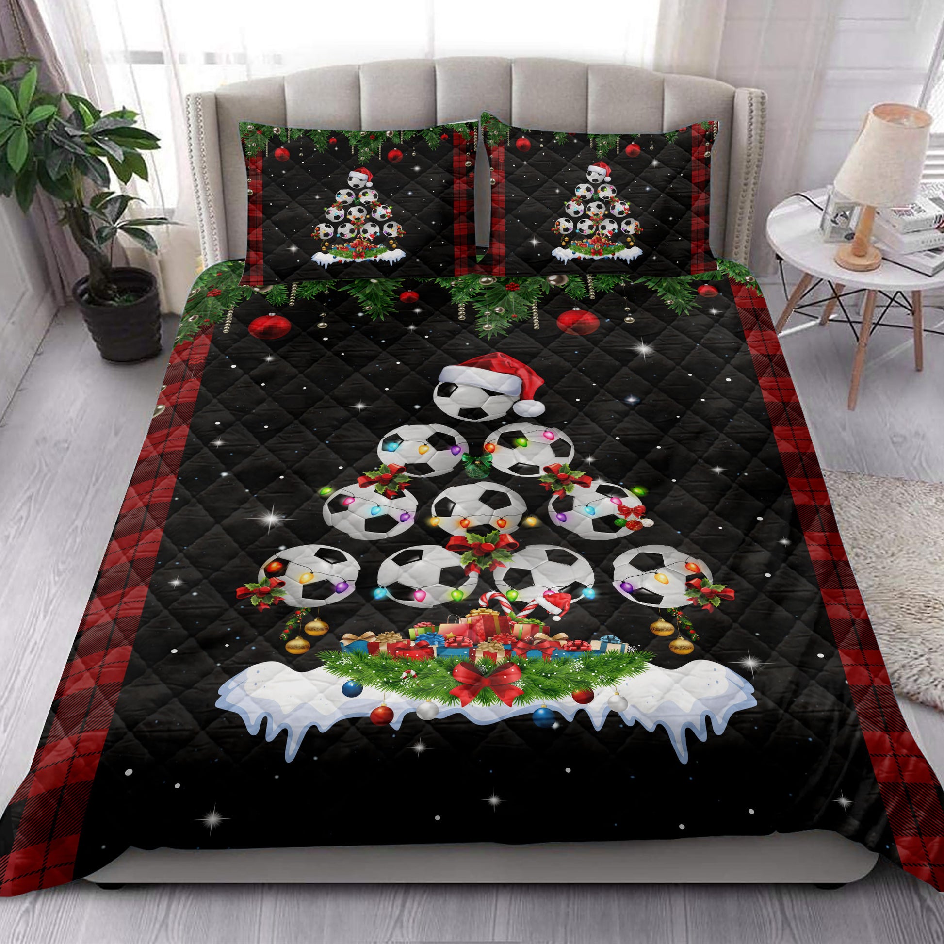 Ohaprints-Quilt-Bed-Set-Pillowcase-Soccer-Christmas-Tree-Snowflake-Gift-Box-Red-Buffalo-Plaid-Gifts-Blanket-Bedspread-Bedding-3804-King (90'' x 100'')