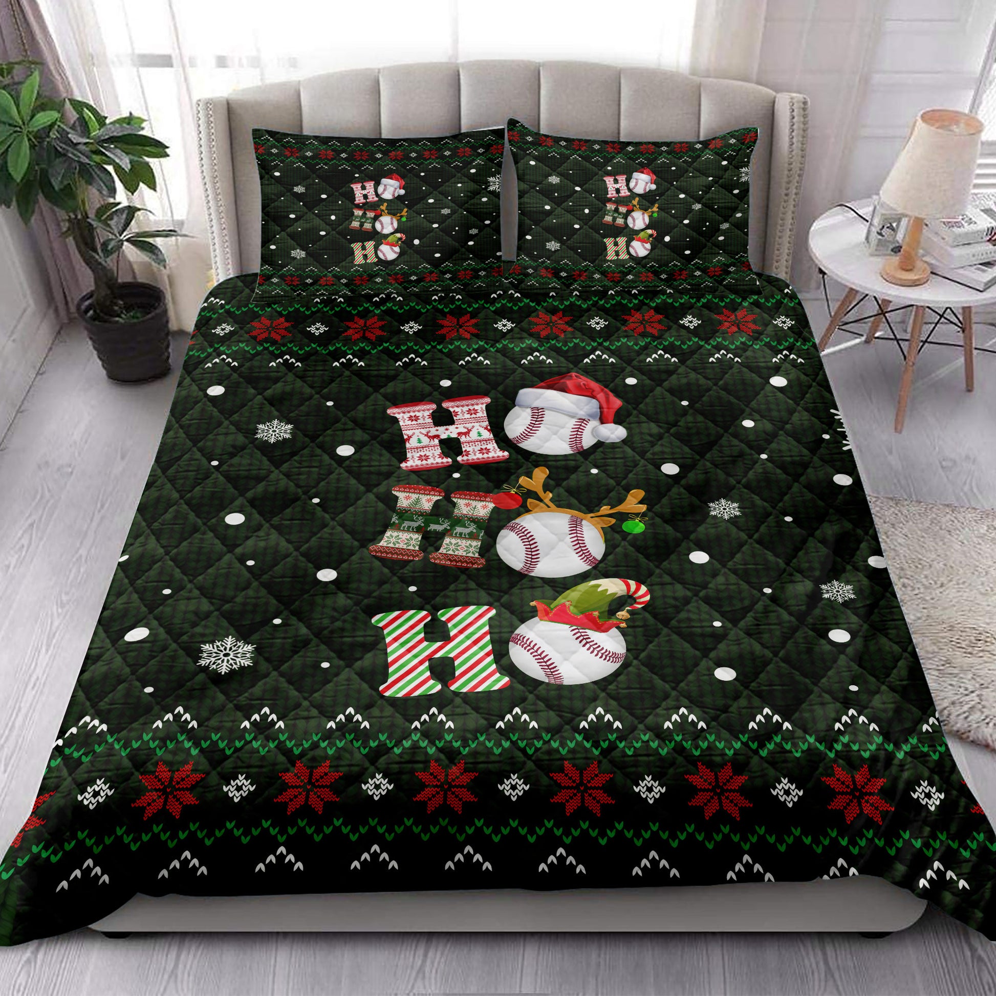 Ohaprints-Quilt-Bed-Set-Pillowcase-Ho-Ho-Ho-Baseball-Santa-Hat-Christmas-Snowflake-Ugly-Pattern-Blanket-Bedspread-Bedding-3807-King (90'' x 100'')