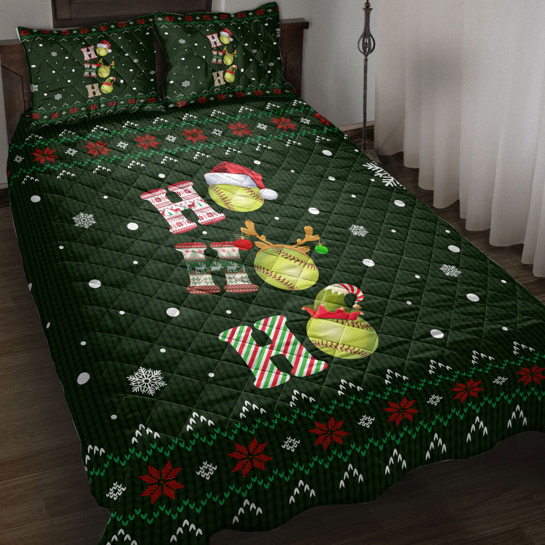 Ohaprints-Quilt-Bed-Set-Pillowcase-Ho-Ho-Ho-Softball-Santa-Hat-Christmas-Snowflake-Ugly-Pattern-Blanket-Bedspread-Bedding-3808-Throw (55'' x 60'')