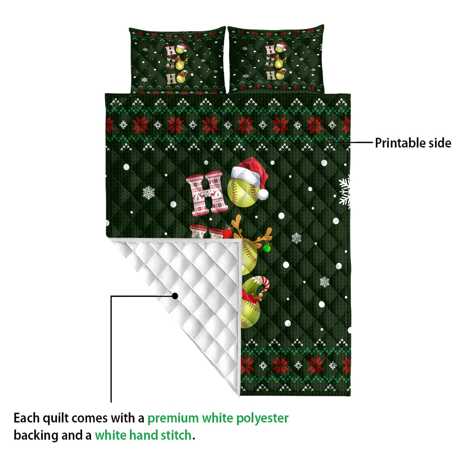 Ohaprints-Quilt-Bed-Set-Pillowcase-Ho-Ho-Ho-Softball-Santa-Hat-Christmas-Snowflake-Ugly-Pattern-Blanket-Bedspread-Bedding-3808-Queen (80'' x 90'')